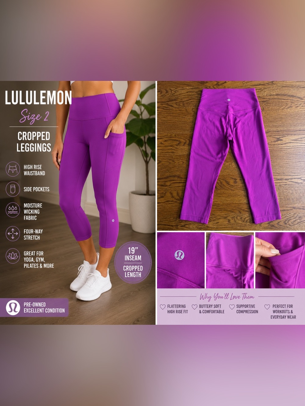 Lululemon Cropped Leggings Size 2 Purple Magenta High Rise Athletic Yoga Pants